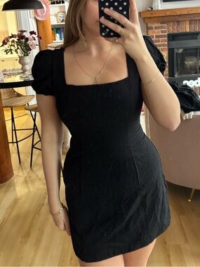 Zara Black Square-Neck Puff-Sleeve Mini Dress